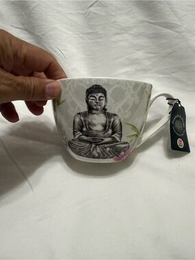Buddha Stoneware Tea Cup - White and Black with Floral Accents